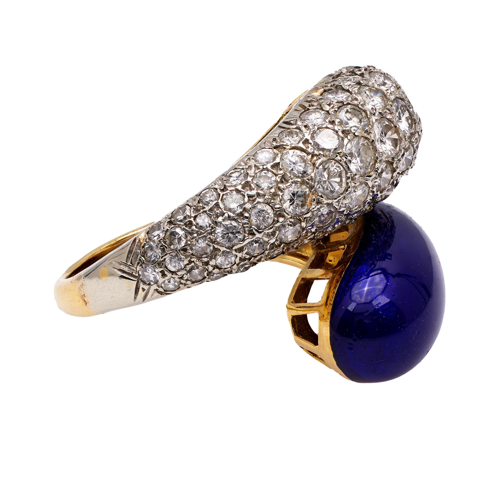 Women's or Men's Vintage Diamond Enamel 18k Gold Bypass Ring For Sale
