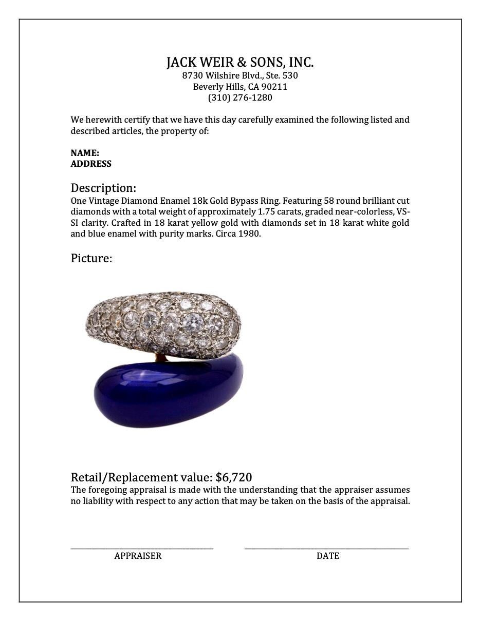 Vintage Diamond Enamel 18k Gold Bypass Ring For Sale 1