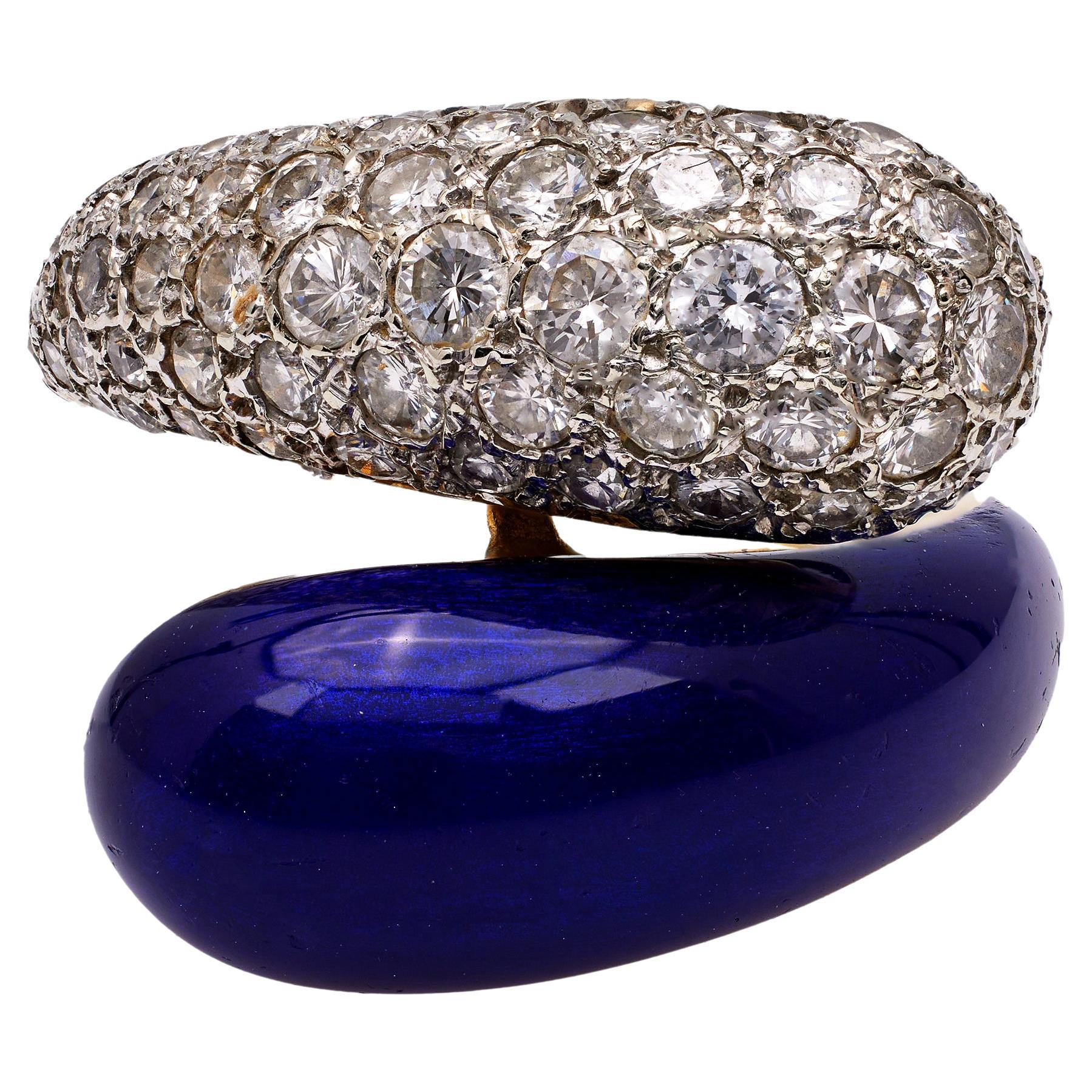 Vintage Diamond Enamel 18k Gold Bypass Ring For Sale