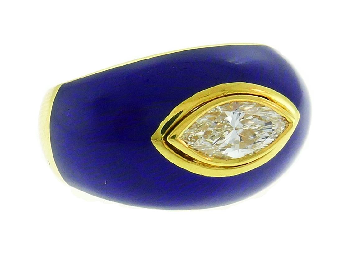 Marquise Cut Vintage Diamond Enamel 18k Gold Evil Eye Ring Signed GB