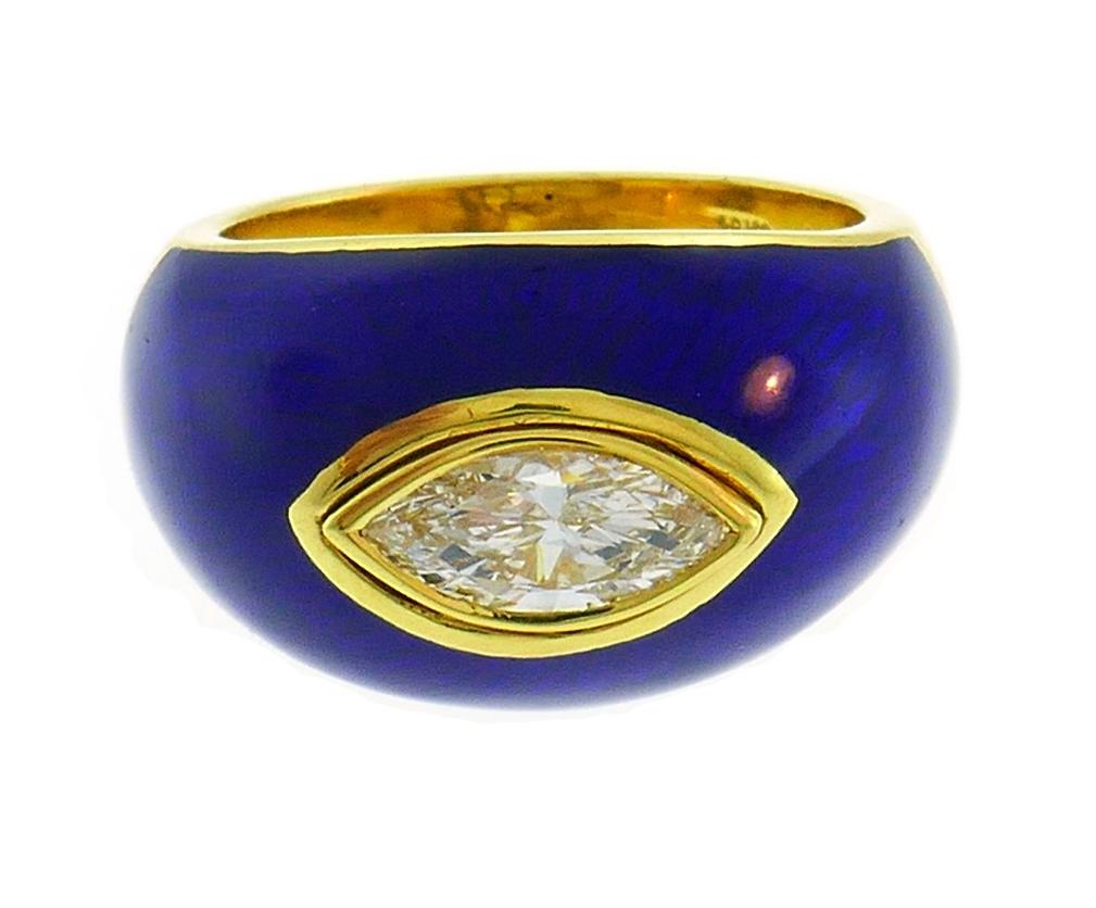 Vintage Diamond Enamel 18k Gold Evil Eye Ring Signed GB In Good Condition In Beverly Hills, CA