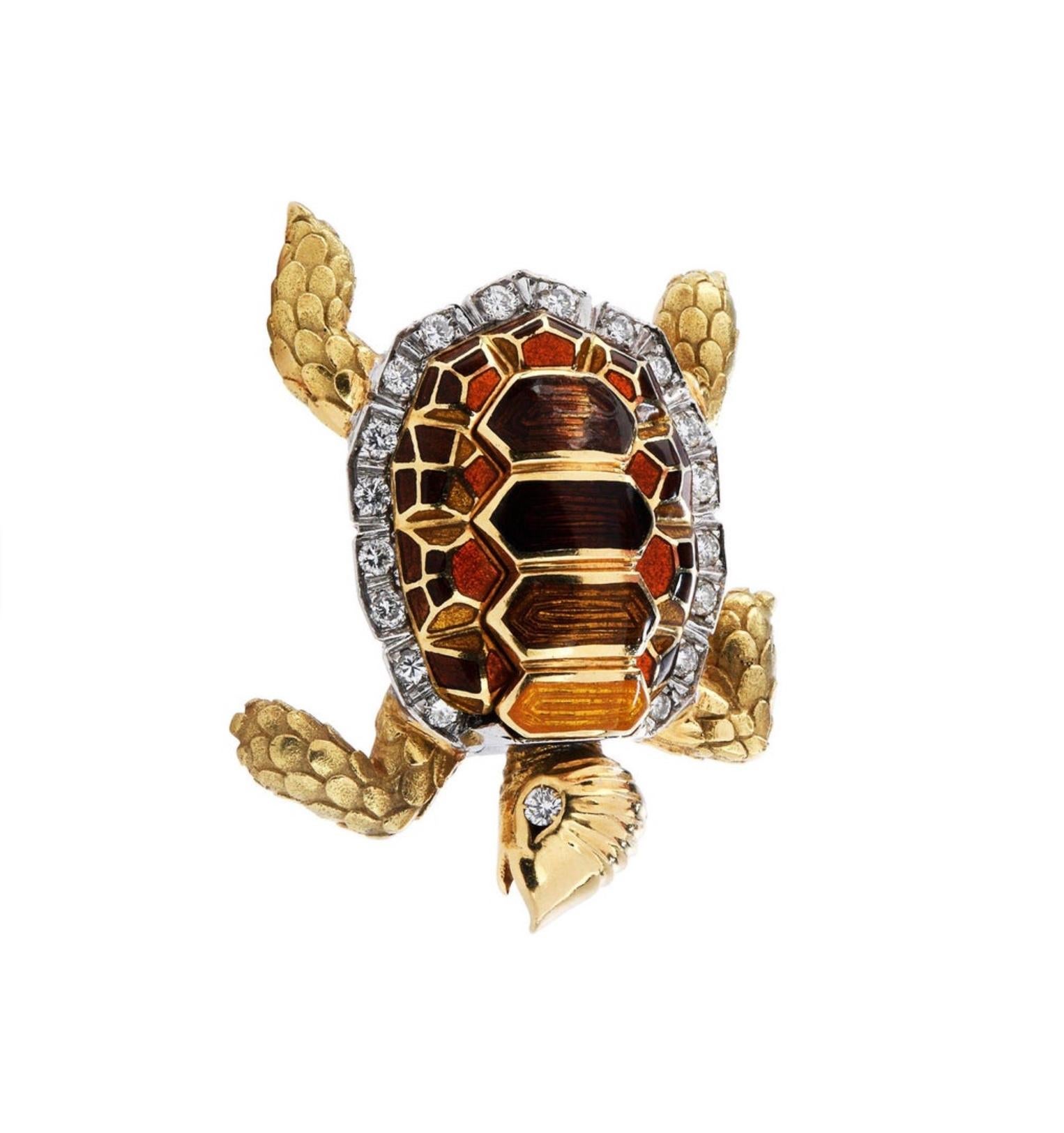 Round Cut Vintage  Diamond Enamel 18k Gold Turtle Brooch Pin For Sale