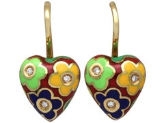 Vintage Diamond, Enamel and 18k Yellow Gold Earrings Circa 1970