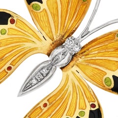 Vintage Diamond Enamel Butterfly Gold Brooch Pin
