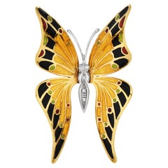 Retro Diamond Enamel Butterfly Gold Brooch Pin