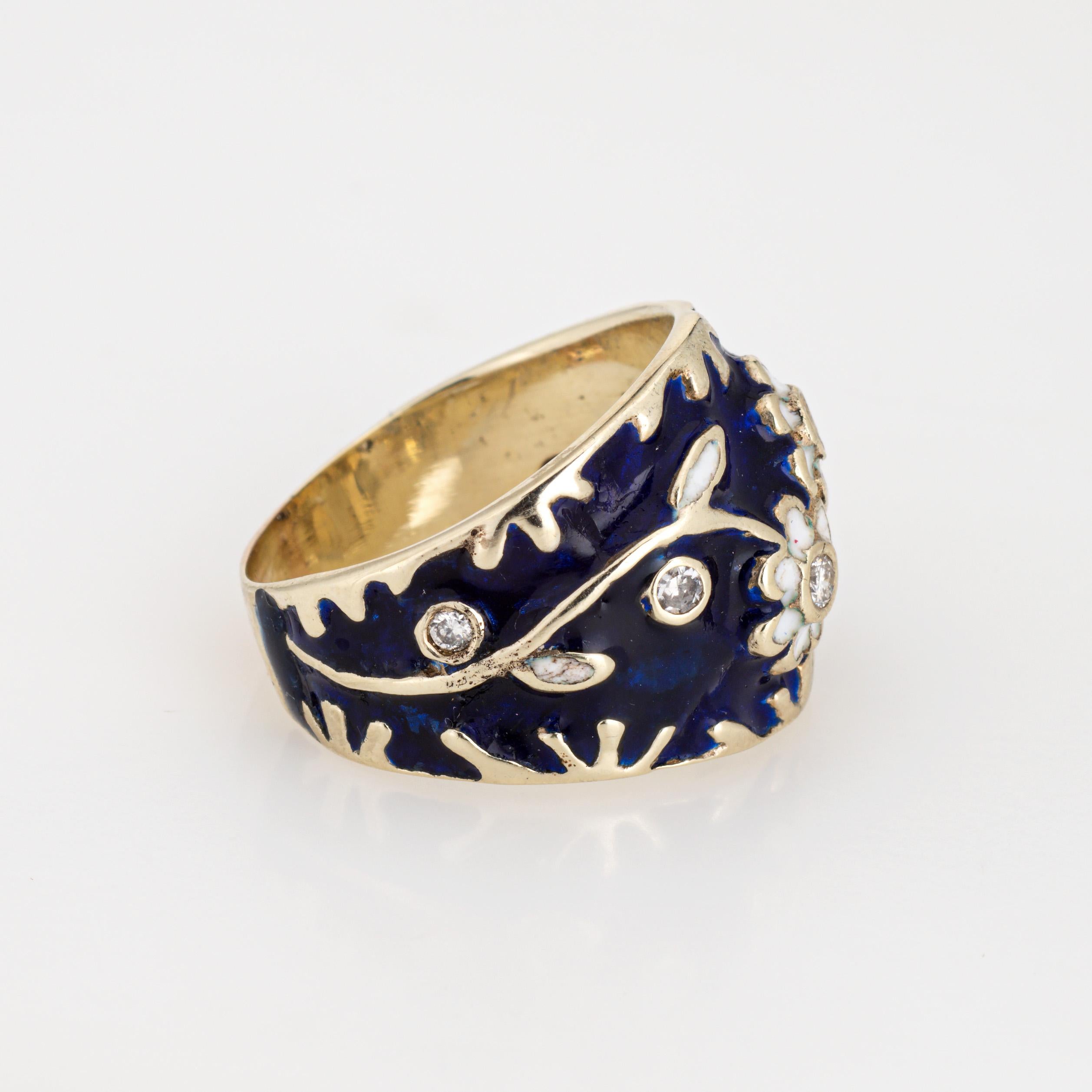 Modern Vintage Diamond Enamel Flower Ring Sz 6.5 Wide Cigar Band Fine Estate Jewelry
