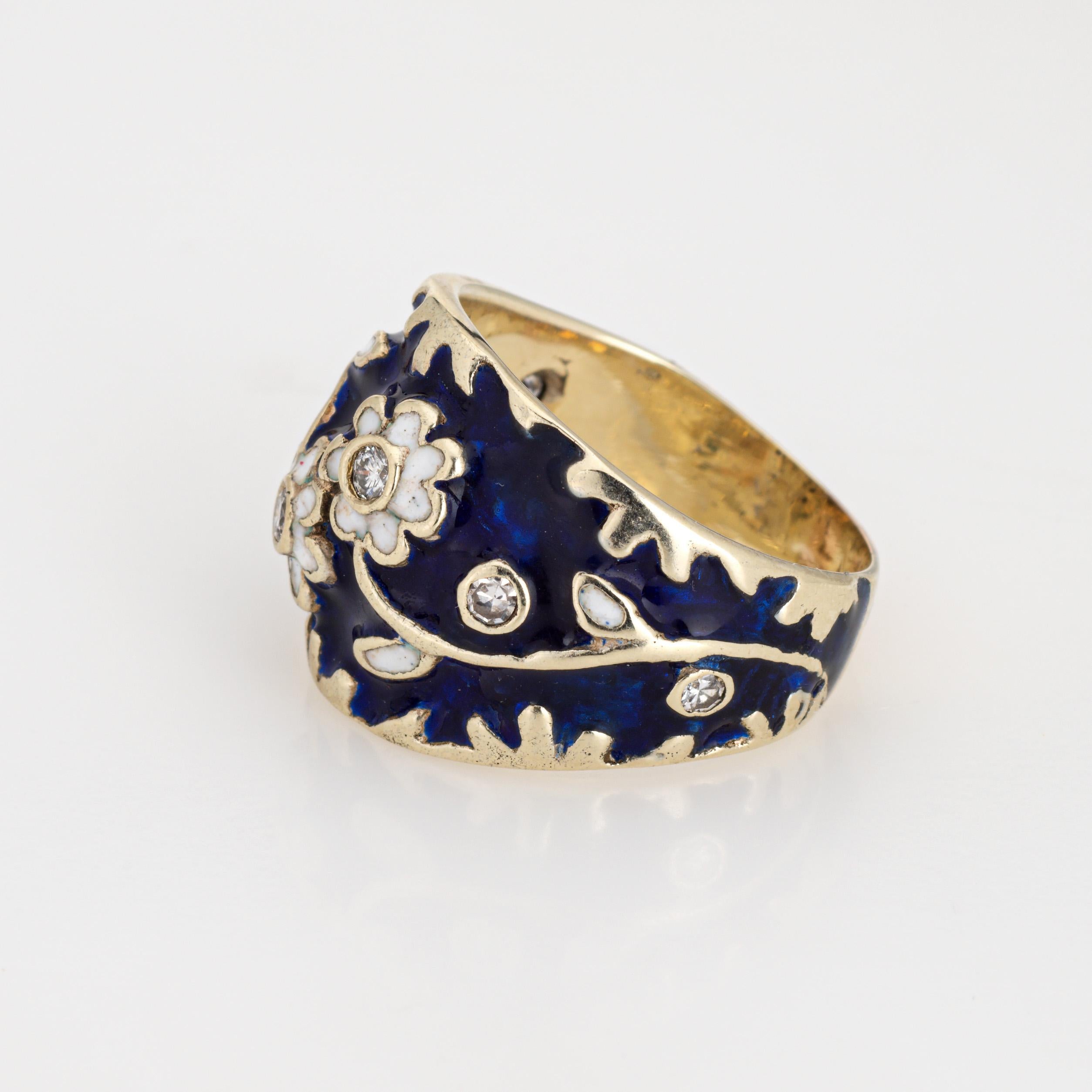 Round Cut Vintage Diamond Enamel Flower Ring Sz 6.5 Wide Cigar Band Fine Estate Jewelry