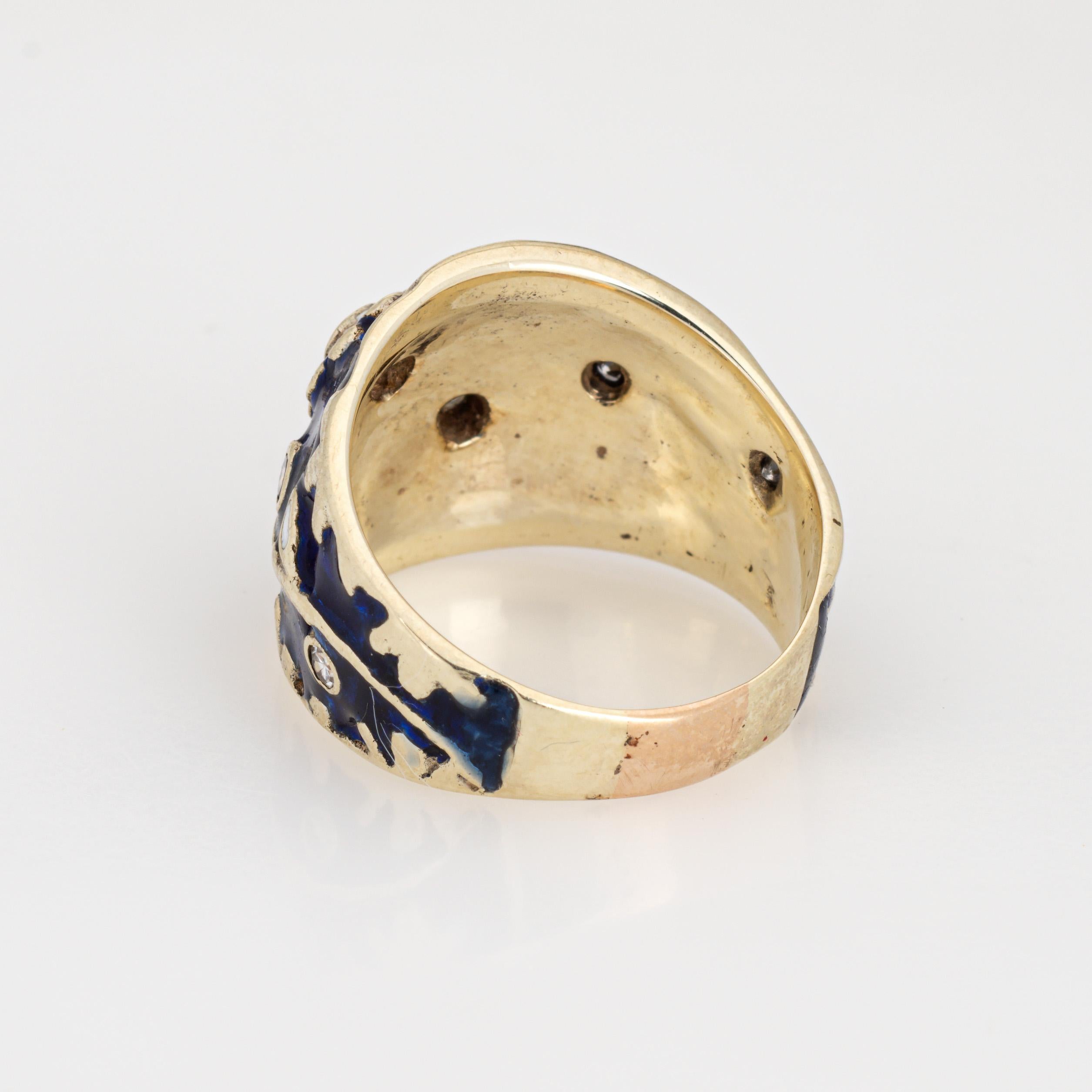 Vintage Diamond Enamel Flower Ring Sz 6.5 Wide Cigar Band Fine Estate Jewelry In Good Condition In Torrance, CA