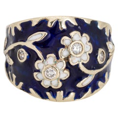 Retro Diamond Enamel Flower Ring Sz 6.5 Wide Cigar Band Fine Estate Jewelry