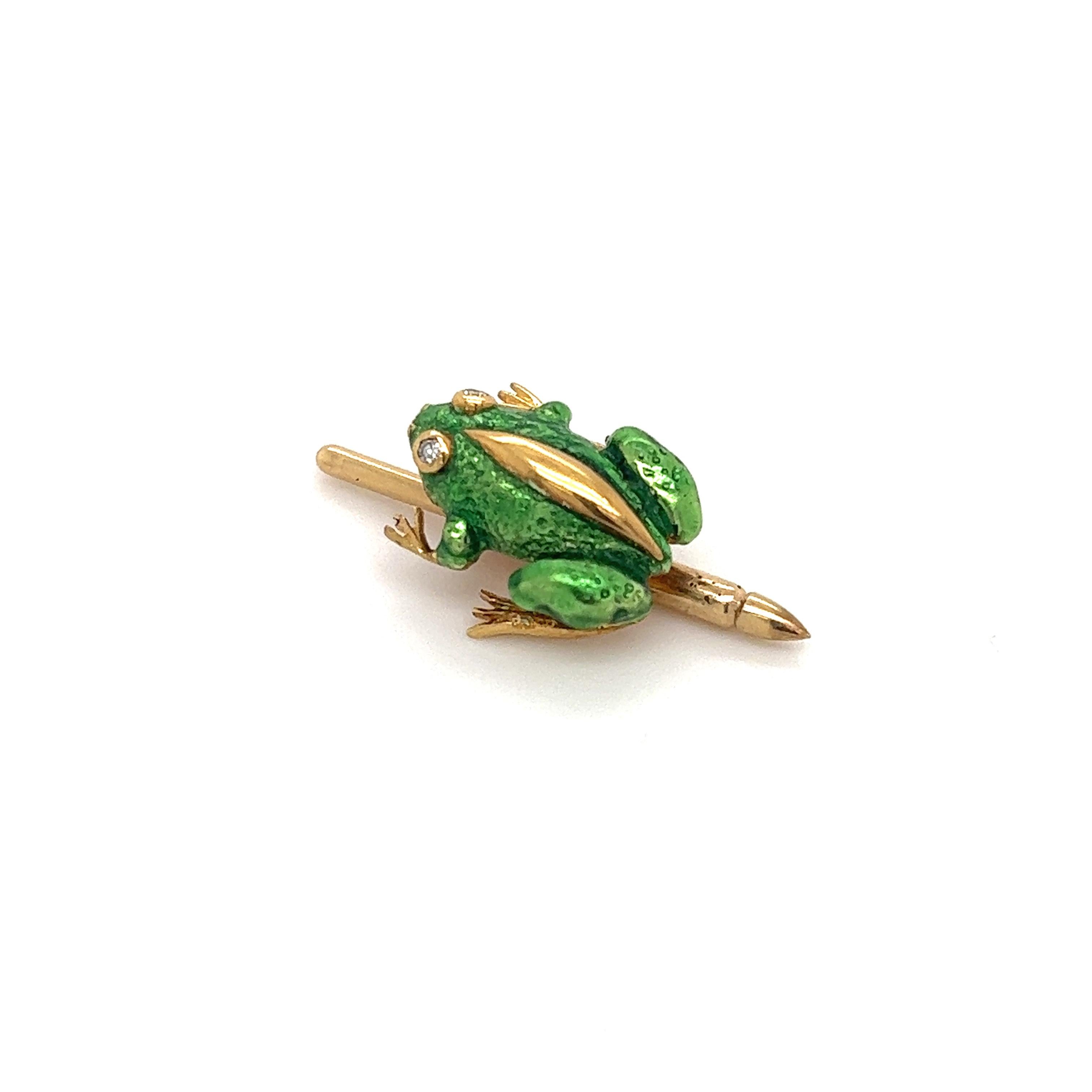 Stand out with this unique item, sure to grab attention whenever worn. The single button stud is crafted in 14k yellow gold. The button stud is in the form of a frog with vibrant green colored enamel. The frog is set with single cut diamonds in the