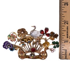 Vintage Diamond Enamel Gemstone 14 Karat Yellow Gold Stick Pin Bouquet