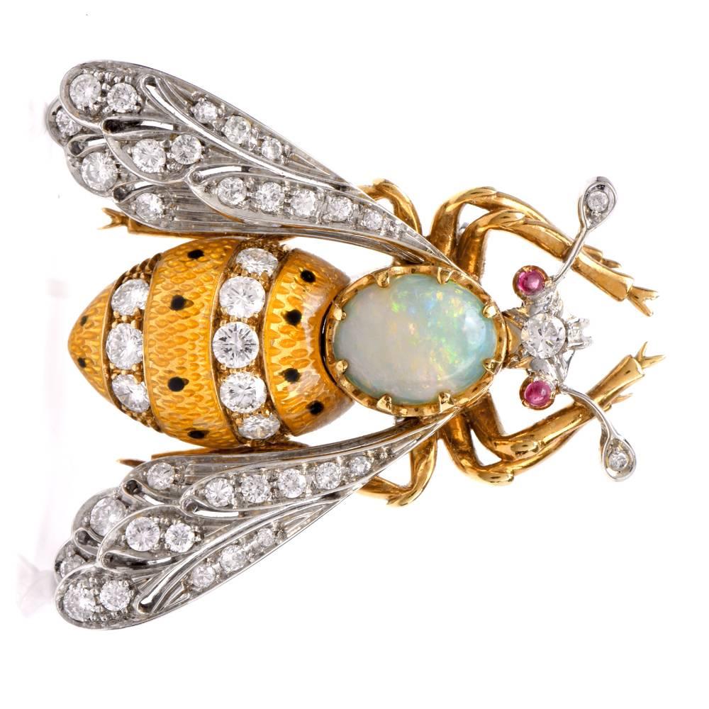 Diamond Enamel Opal Gold Platinum Brooch Pin In Excellent Condition In Miami, FL