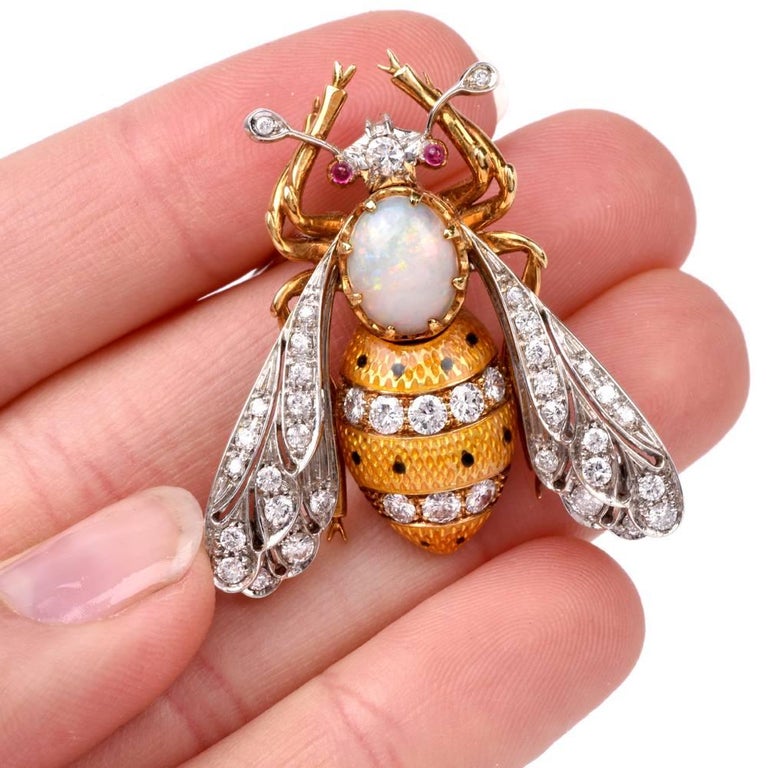 Diamond Enamel Opal Gold Platinum Brooch Pin at 1stDibs