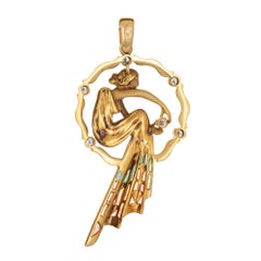 Vintage Diamond Enamel Pendant Sitting Woman Art Nouveau Style 18k Gold