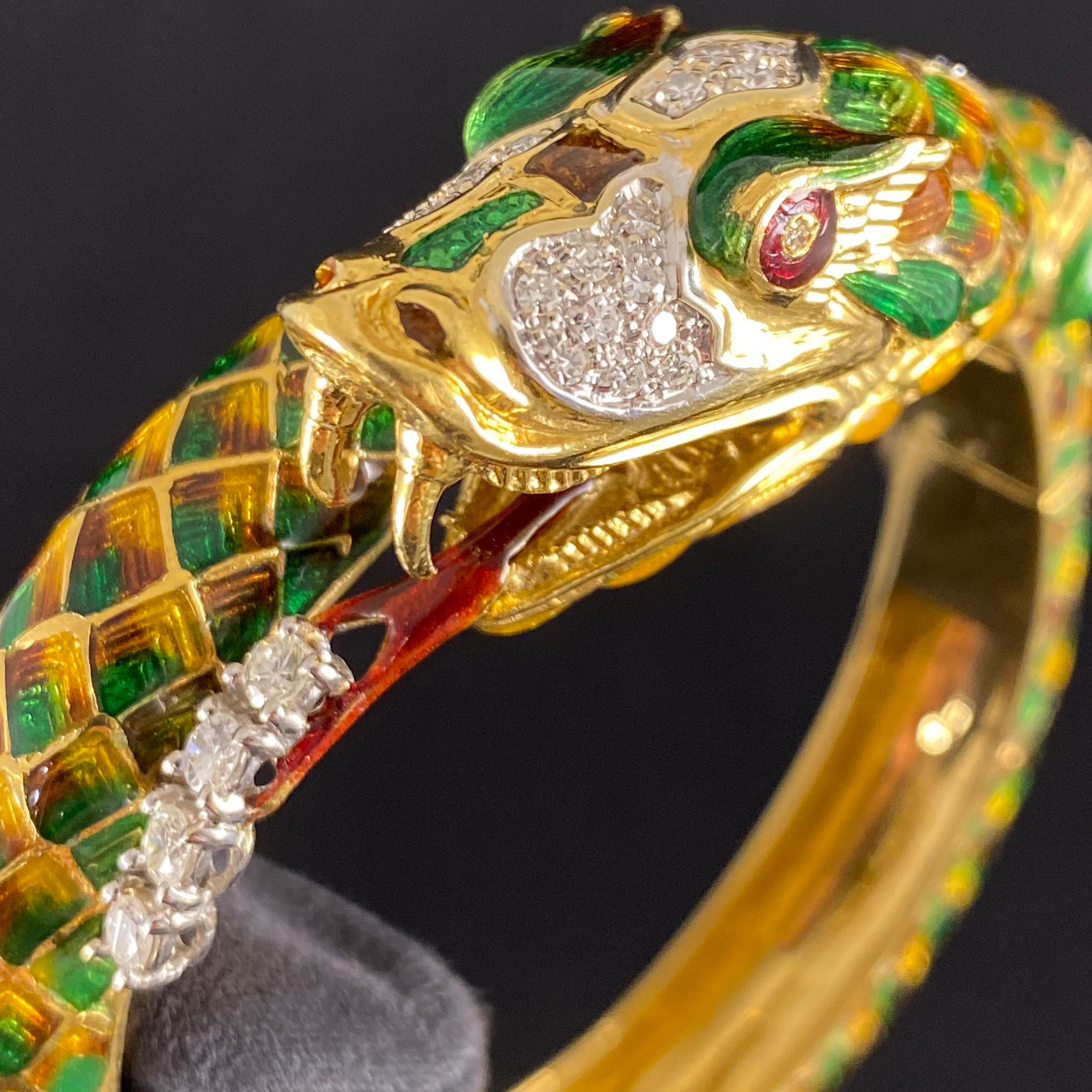 Women's Vintage Diamond Enamel Serpent Snake Bangle Bracelet Yellow Gold, Portugal 1970s