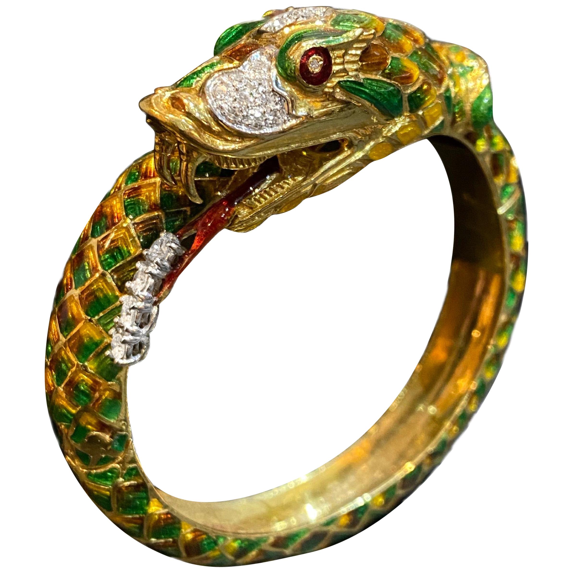 Vintage Diamond Enamel Serpent Snake Bangle Bracelet Yellow Gold, Portugal 1970s