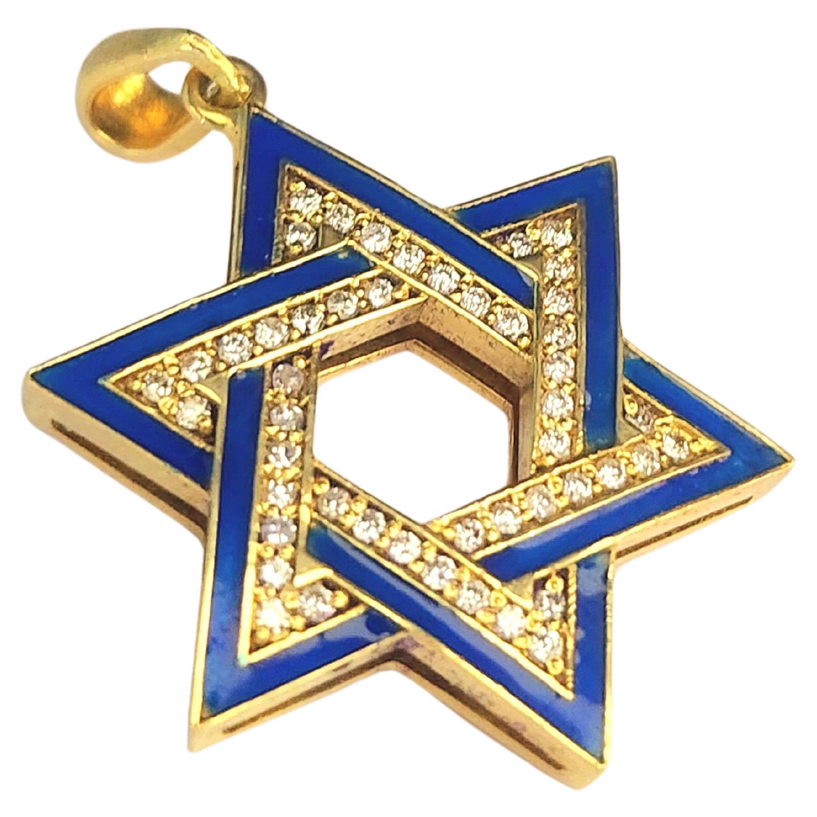 Vintage Diamond Enamel Star Of David Gold Pendant For Sale