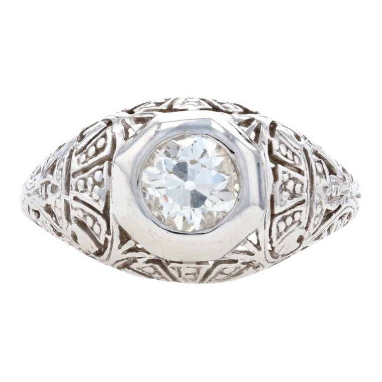Vintage Diamant-Verlobungsring, 18k Weißgold Solitär im Altminenschliff .92ct im Angebot