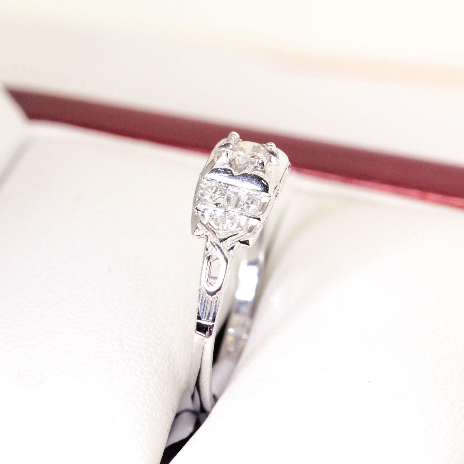 Vintage Diamond Engagement Ring, Antique Filigree Ring, White Gold For Sale 2