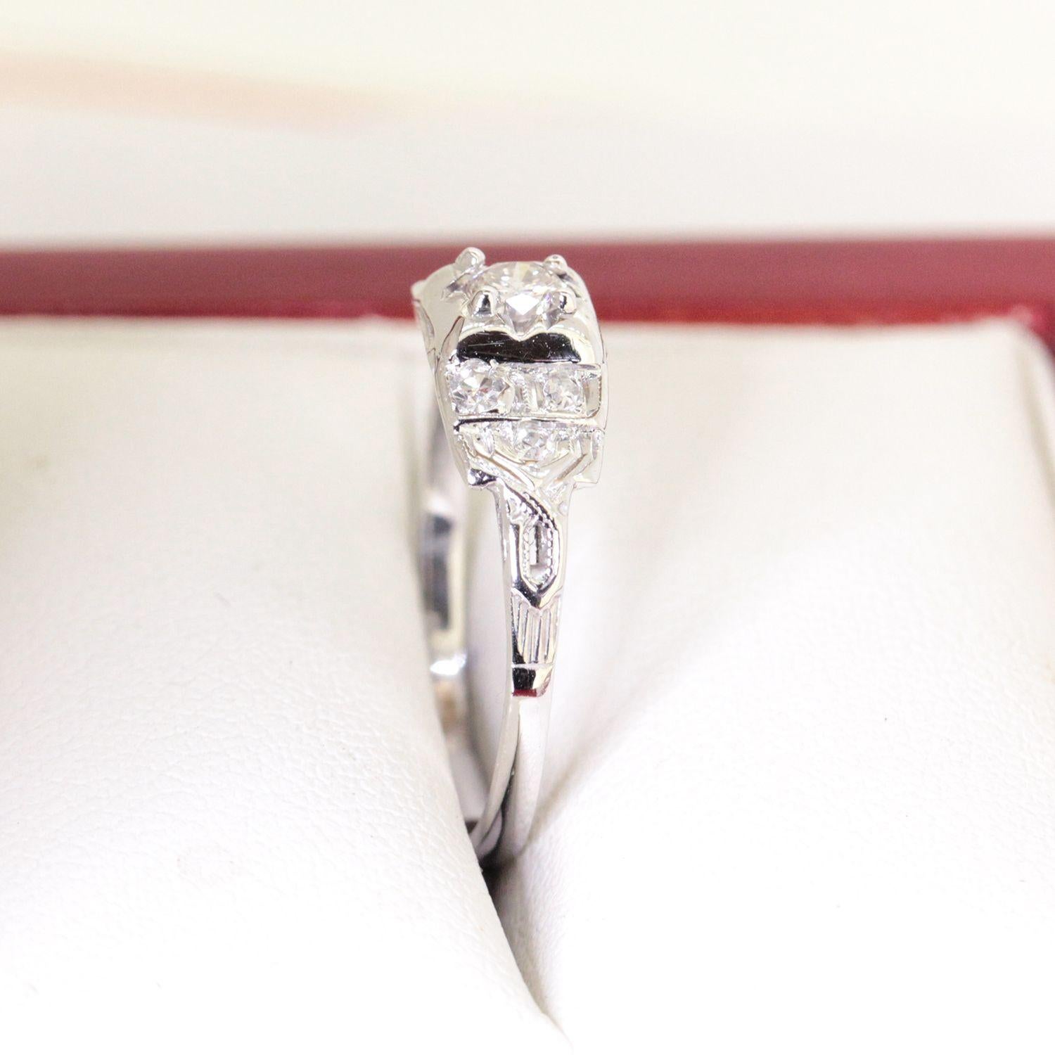 Vintage Diamond Engagement Ring, Antique Filigree Ring, White Gold For Sale 3