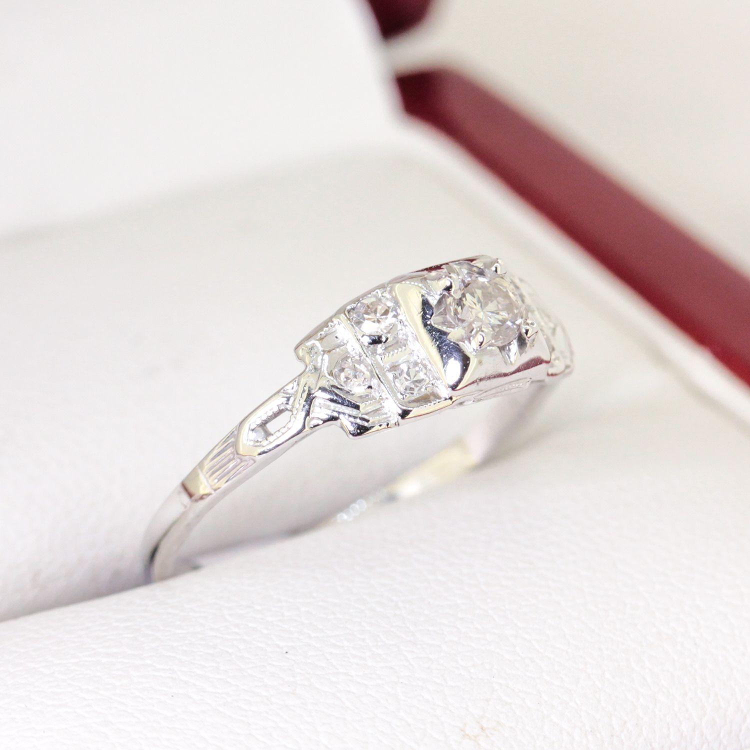 Vintage Diamond Engagement Ring, Antique Filigree Ring, White Gold For Sale 5