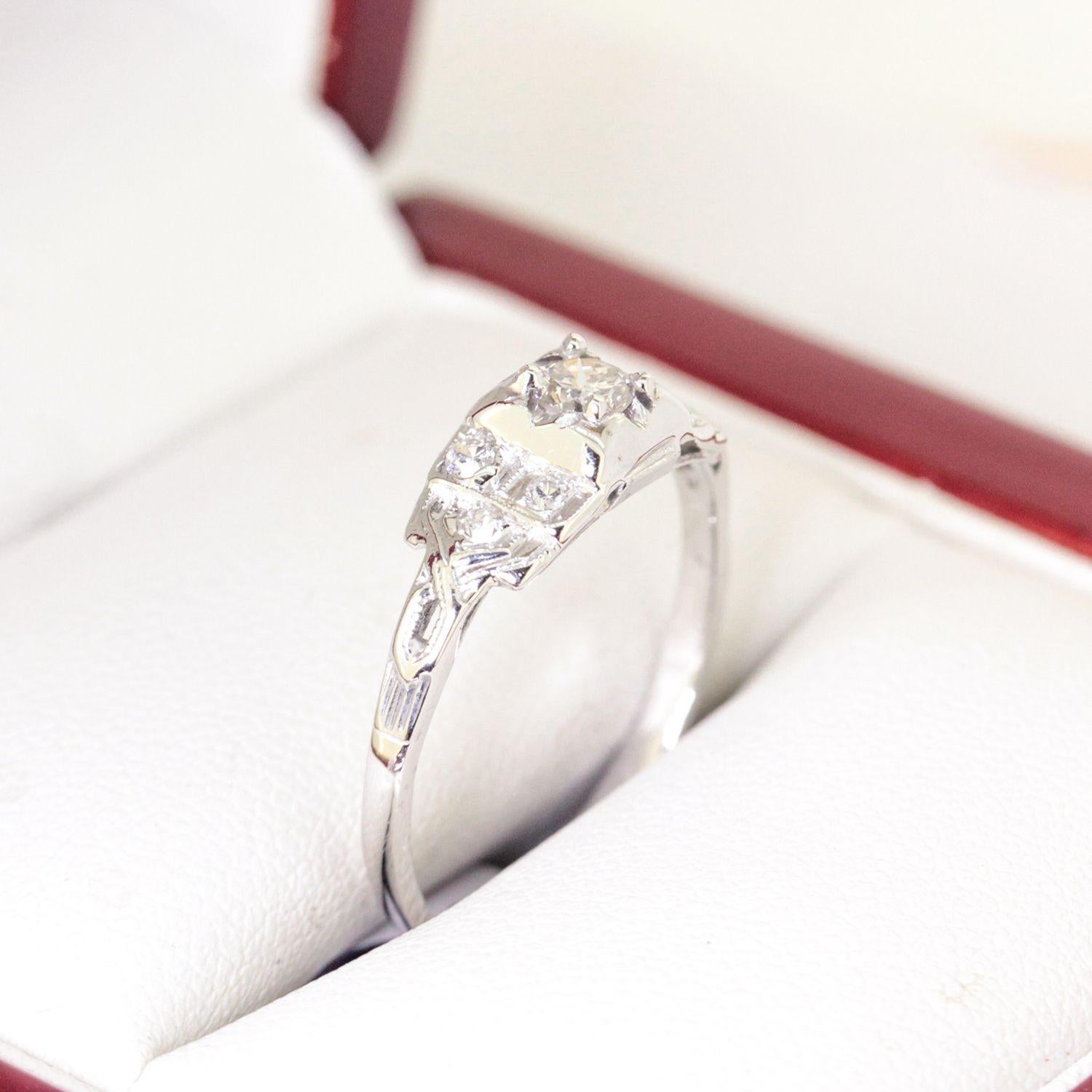 Vintage Diamond Engagement Ring, Antique Filigree Ring, White Gold For Sale 6