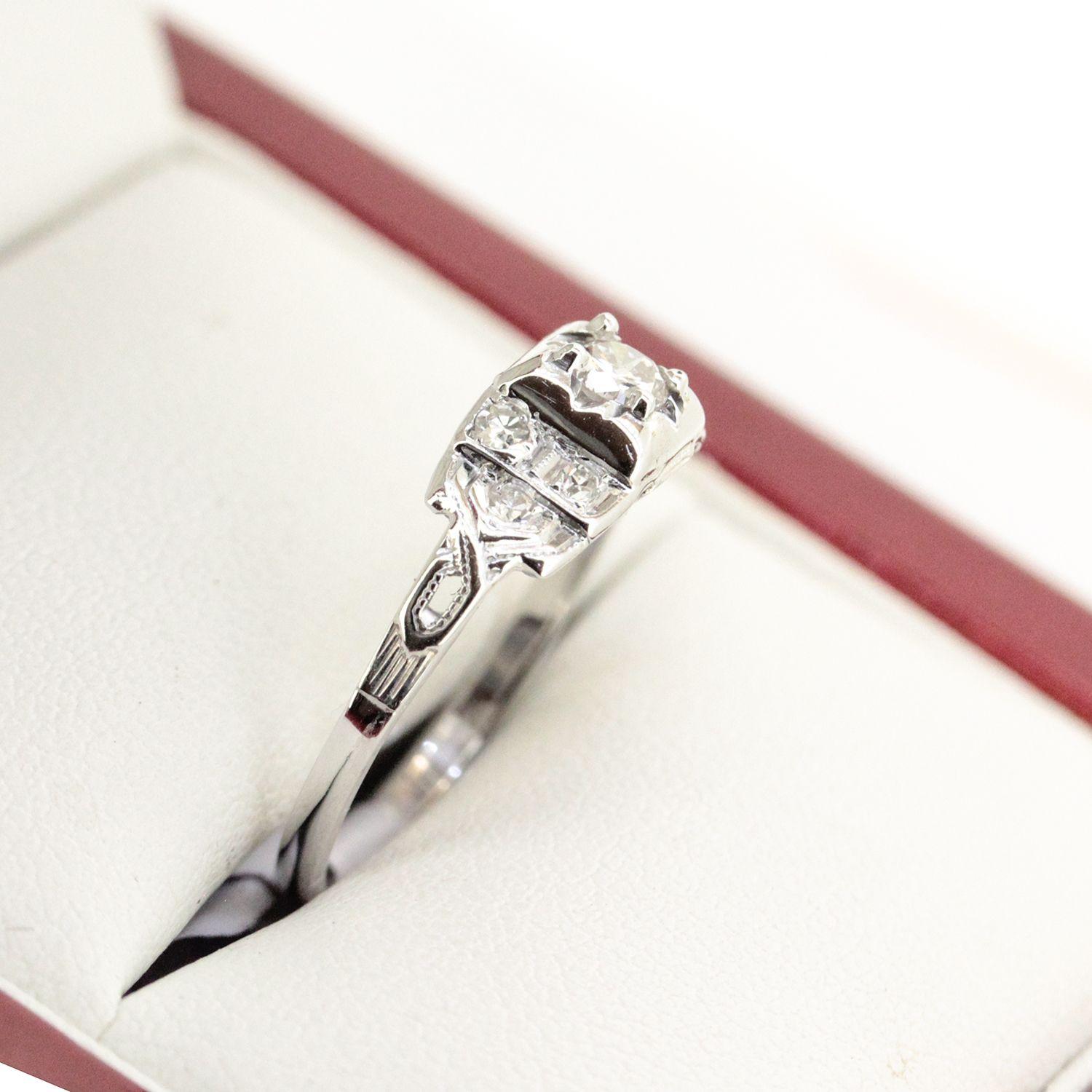 Art Deco Vintage Diamond Engagement Ring, Antique Filigree Ring, White Gold For Sale