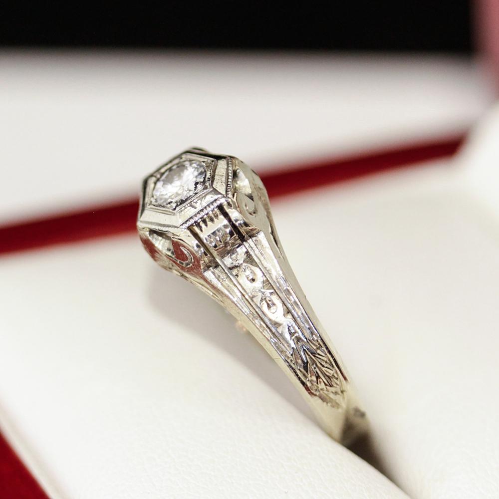 Vintage Diamond Engagement Ring, Art Deco Architectural Unisex Ring 3