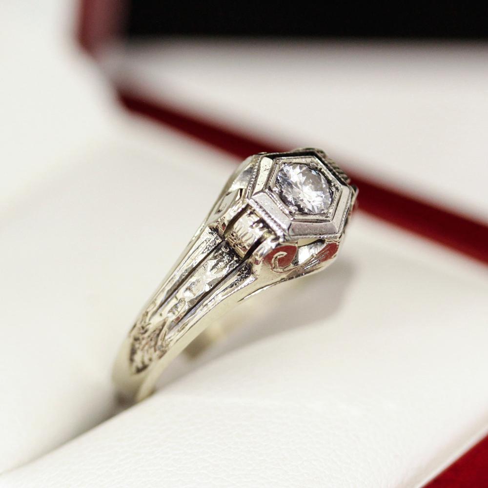 Vintage Diamond Engagement Ring, Art Deco Architectural Unisex Ring 4