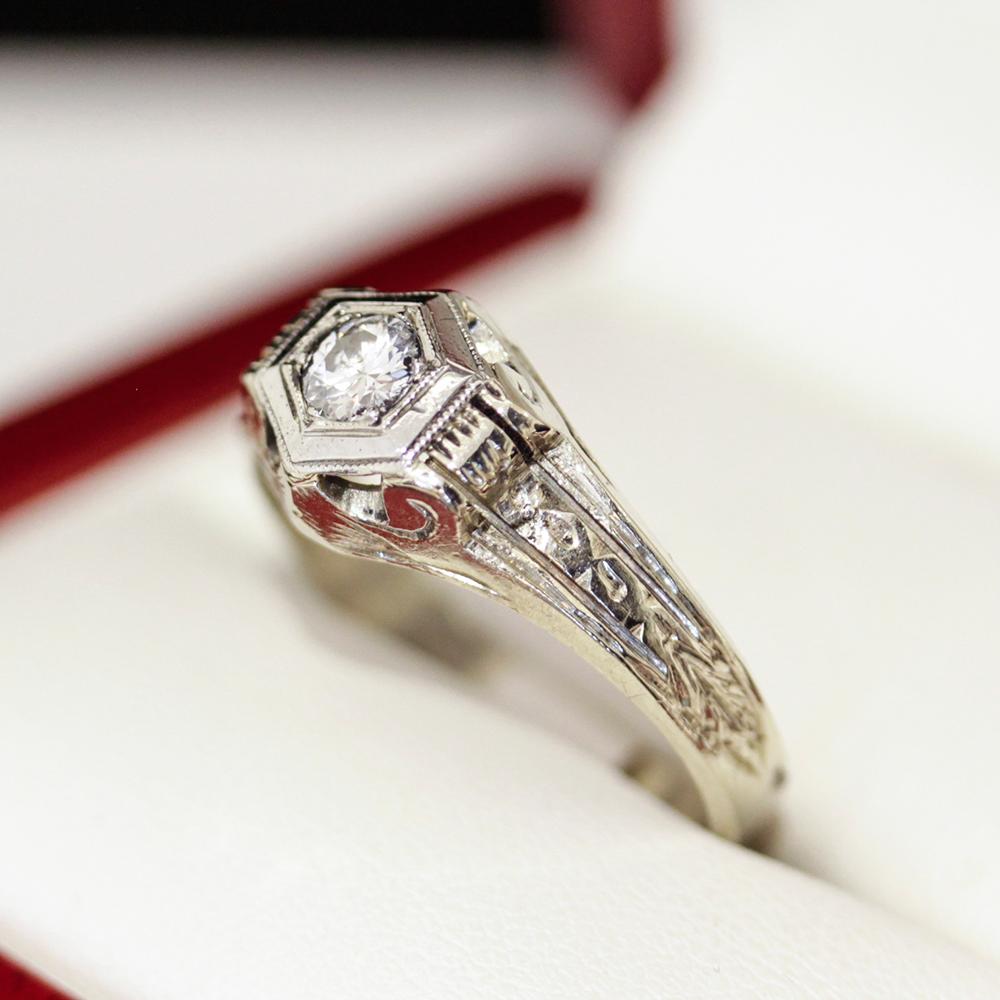 Vintage Diamond Engagement Ring, Art Deco Architectural Unisex Ring 5