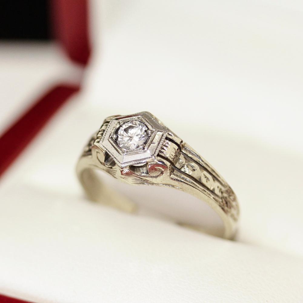 Brilliant Cut Vintage Diamond Engagement Ring, Art Deco Architectural Unisex Ring