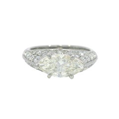 Vintage Diamond Engagement Ring East West Marquise Pave Set Platinum Mounting