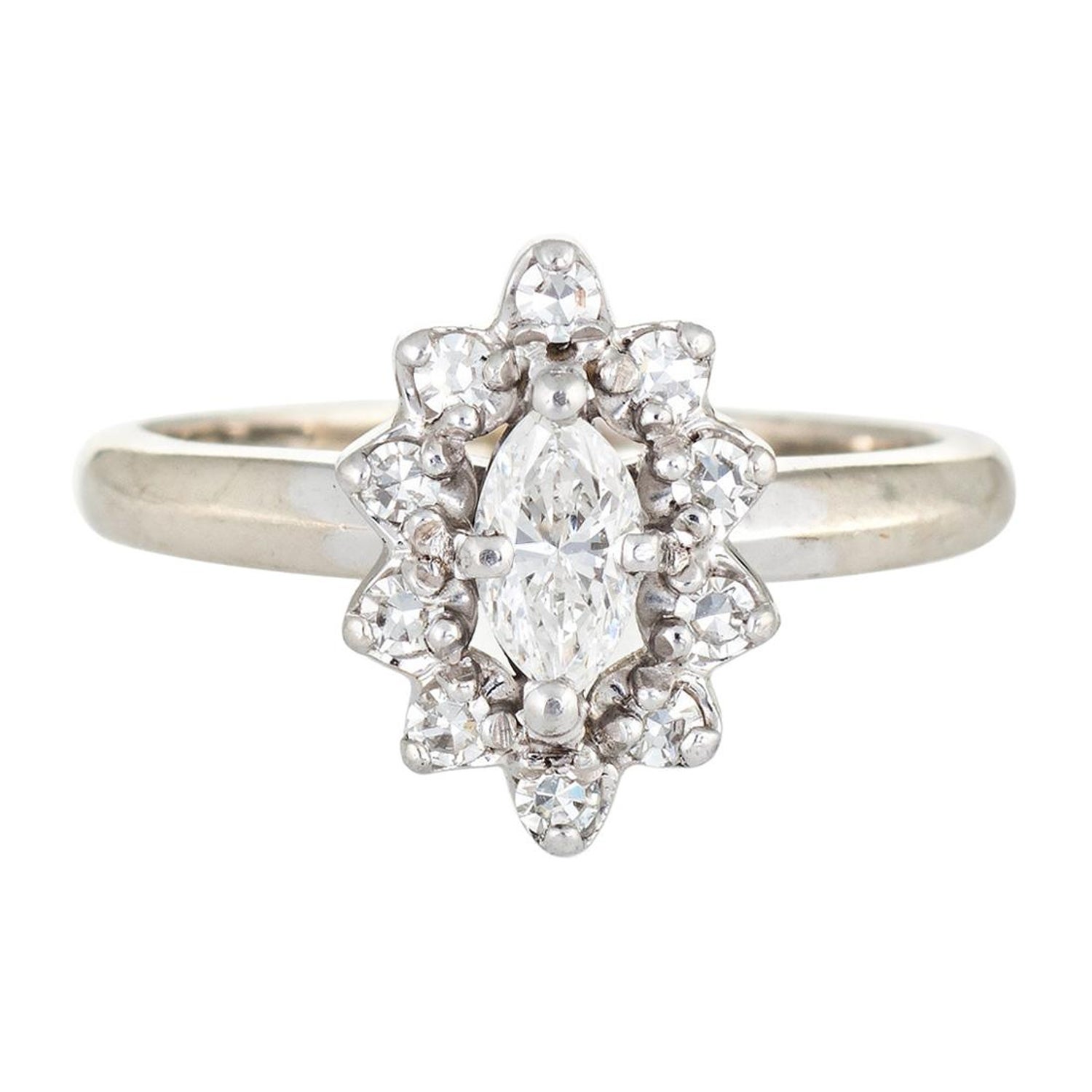 Vintage Diamond Engagement Ring Marquise Princess 14 Karat White