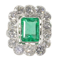 Vintage Diamond Engagement Ring with Certified Untreated Natural Emerald