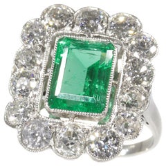 Vintage Diamond Engagement Ring with Certified Untreated Natural Emerald