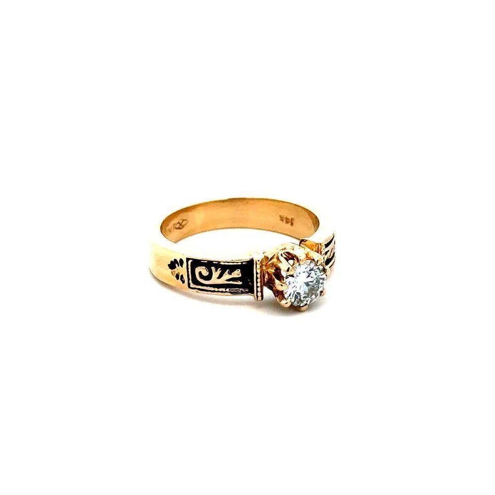 Vintage Baumf Diamond Engraved Black Patina Gold 4mm Band Ring. Centering a Hand set Diamond, weighing approx. 0.40 Carat. Hand crafted with Engraved Black Patina in 14K Gold. Ring size 5.25, we offer ring resizing. In excellent condition, recently