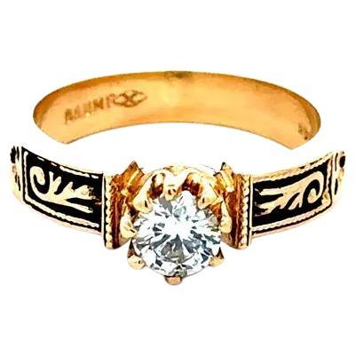 Vintage Diamond Engraved Black Patina Gold 4mm Band Ring For Sale