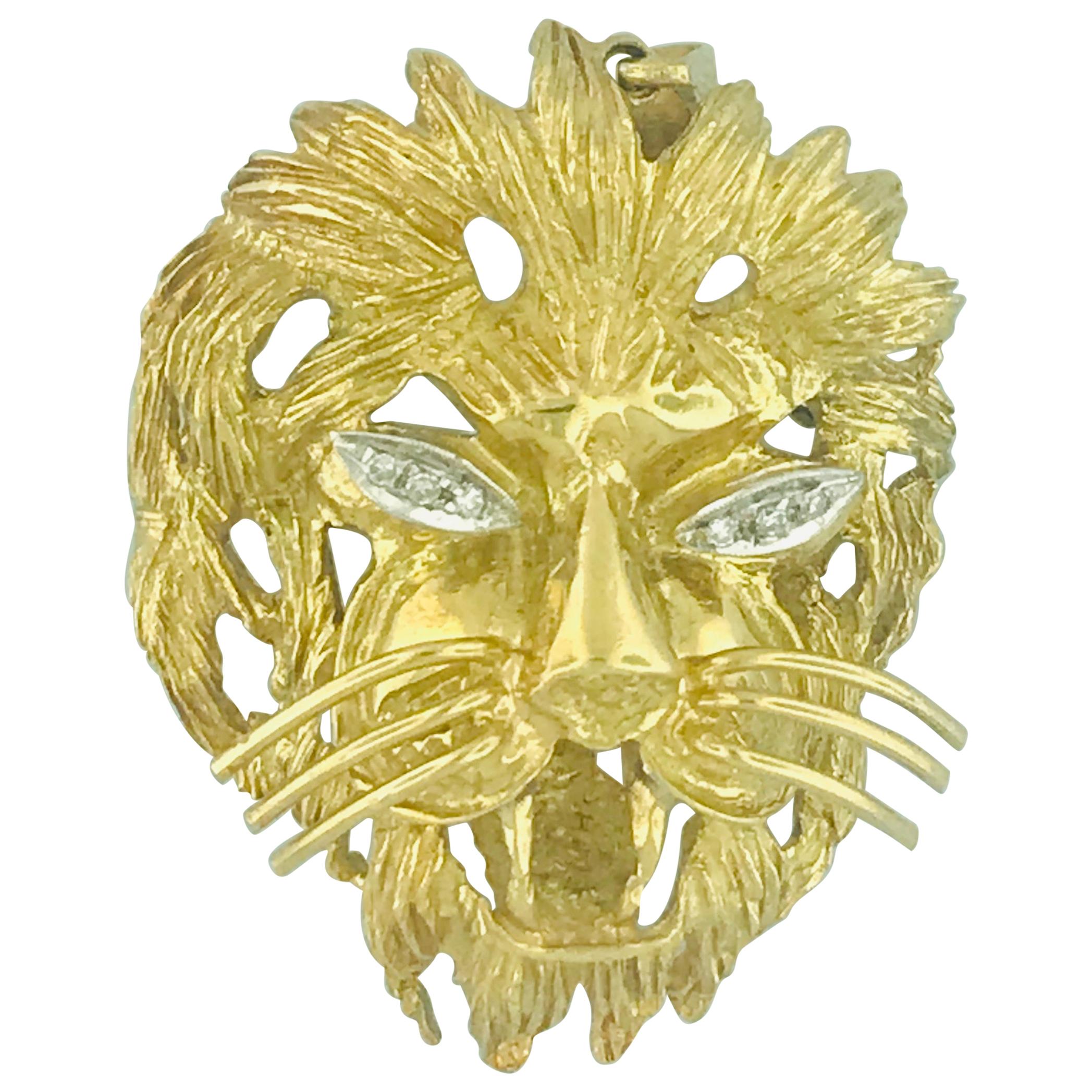 Vintage Lion Diamond Eye'd Brooch Pin and Pendant in 18 Karat Yellow Gold