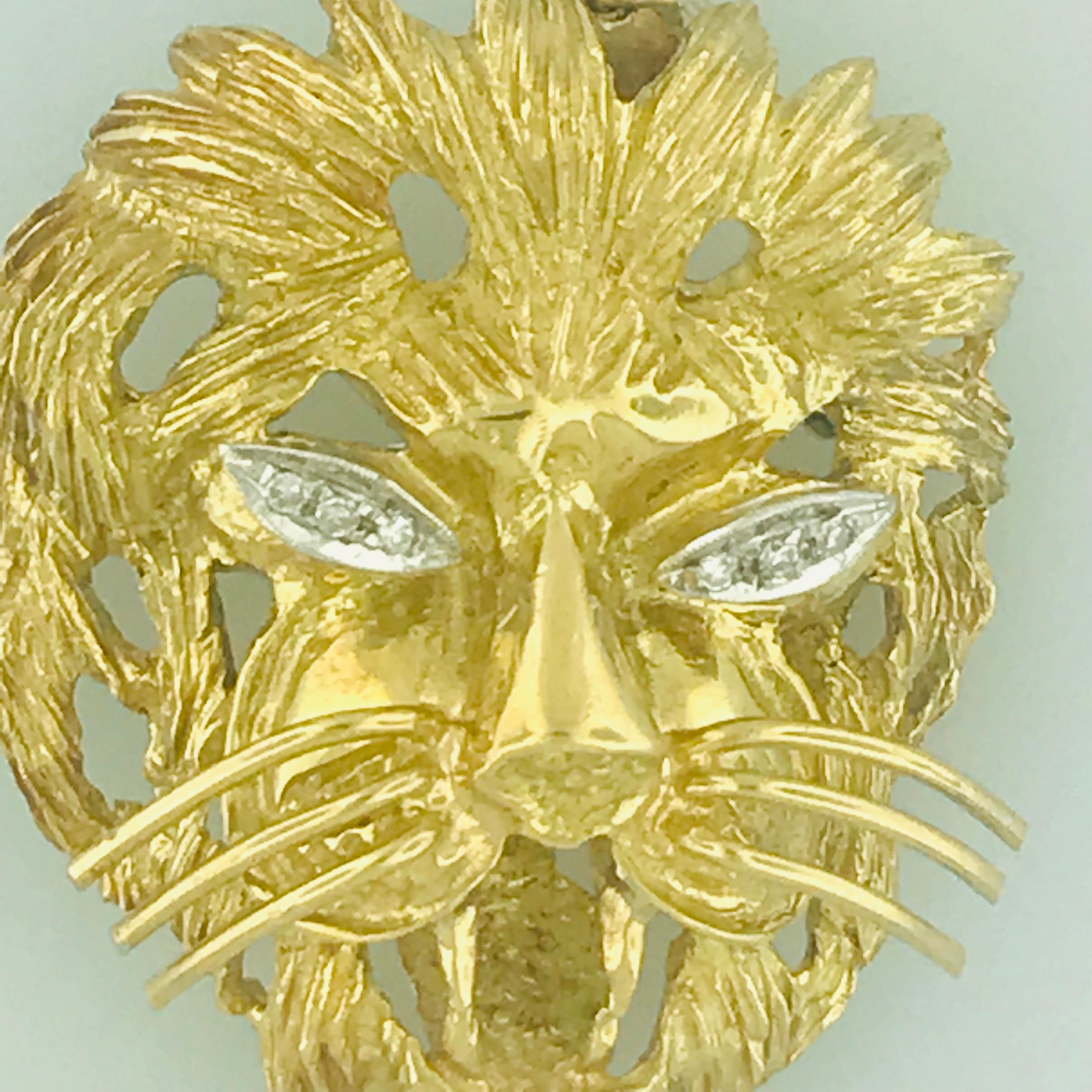 Artisan Vintage Lion Diamond Eye'd Brooch Pin and Pendant in 18 Karat Yellow Gold