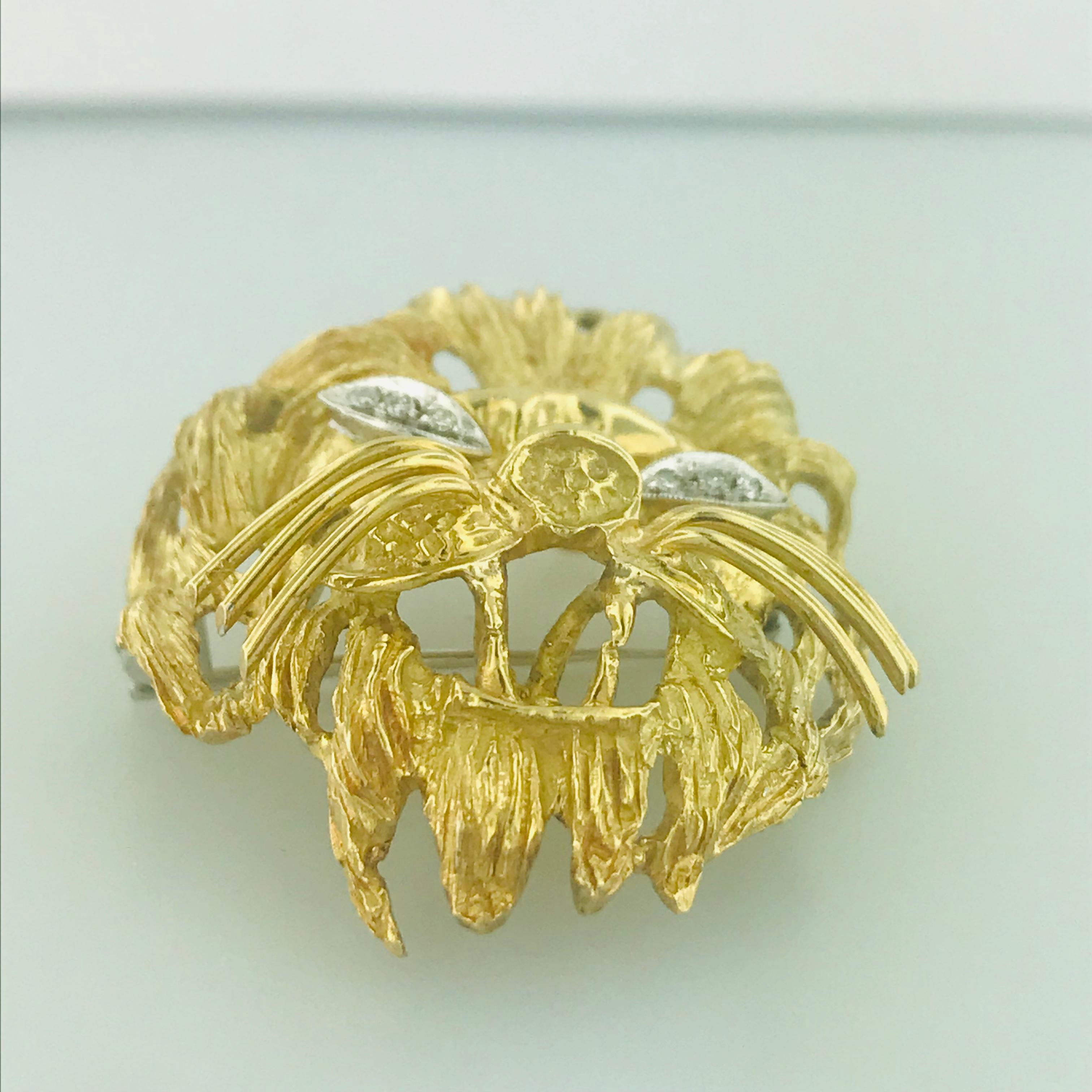 Round Cut Vintage Lion Diamond Eye'd Brooch Pin and Pendant in 18 Karat Yellow Gold