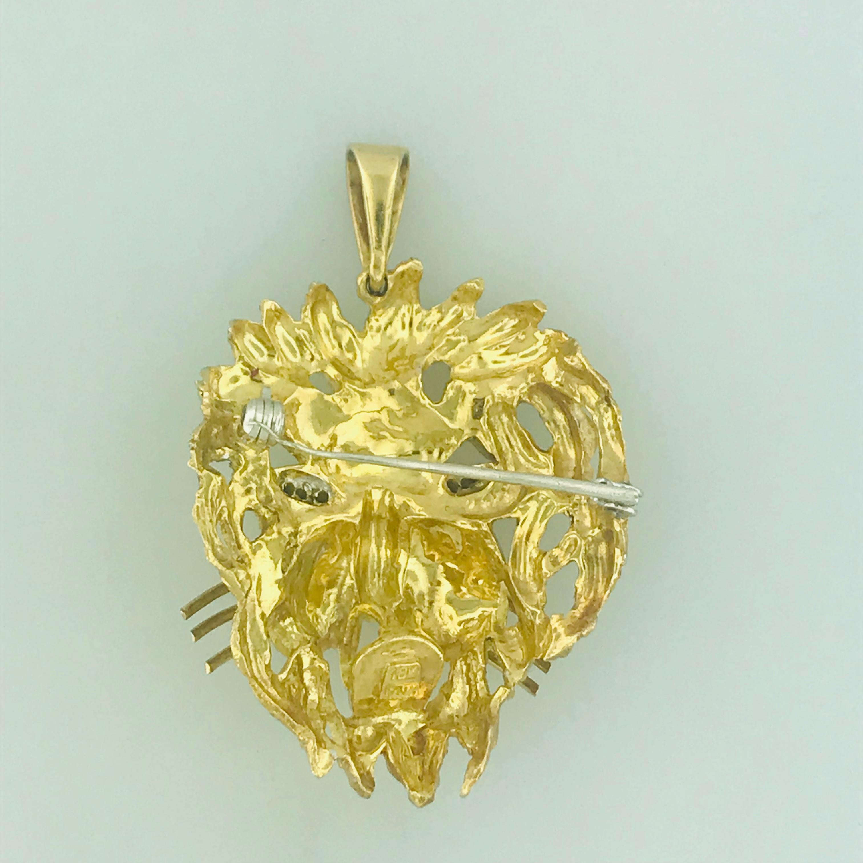 Vintage Lion Diamond Eye'd Brooch Pin and Pendant in 18 Karat Yellow Gold 2