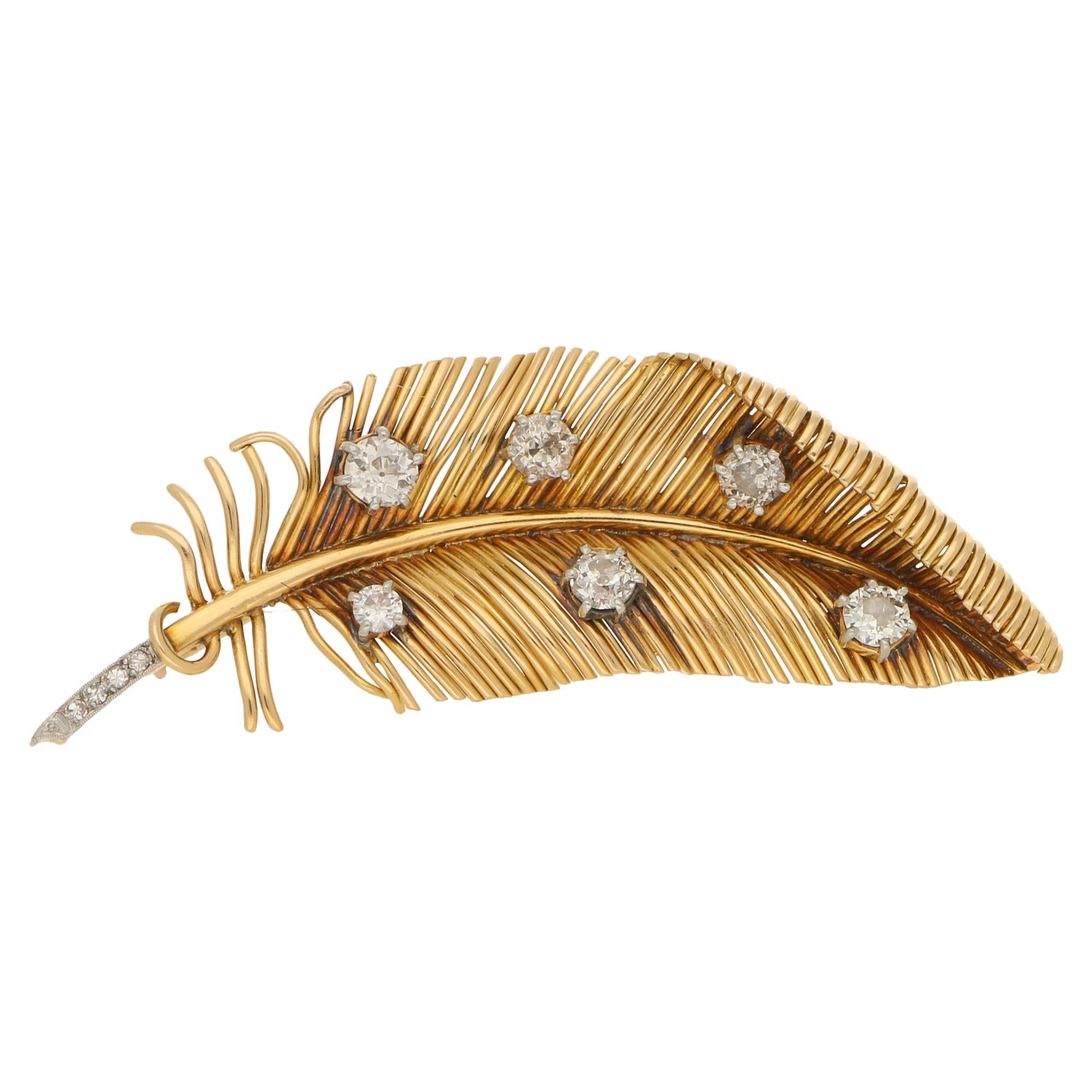 Vintage Diamond Feather Brooch Set in 18 Karat Yellow Gold