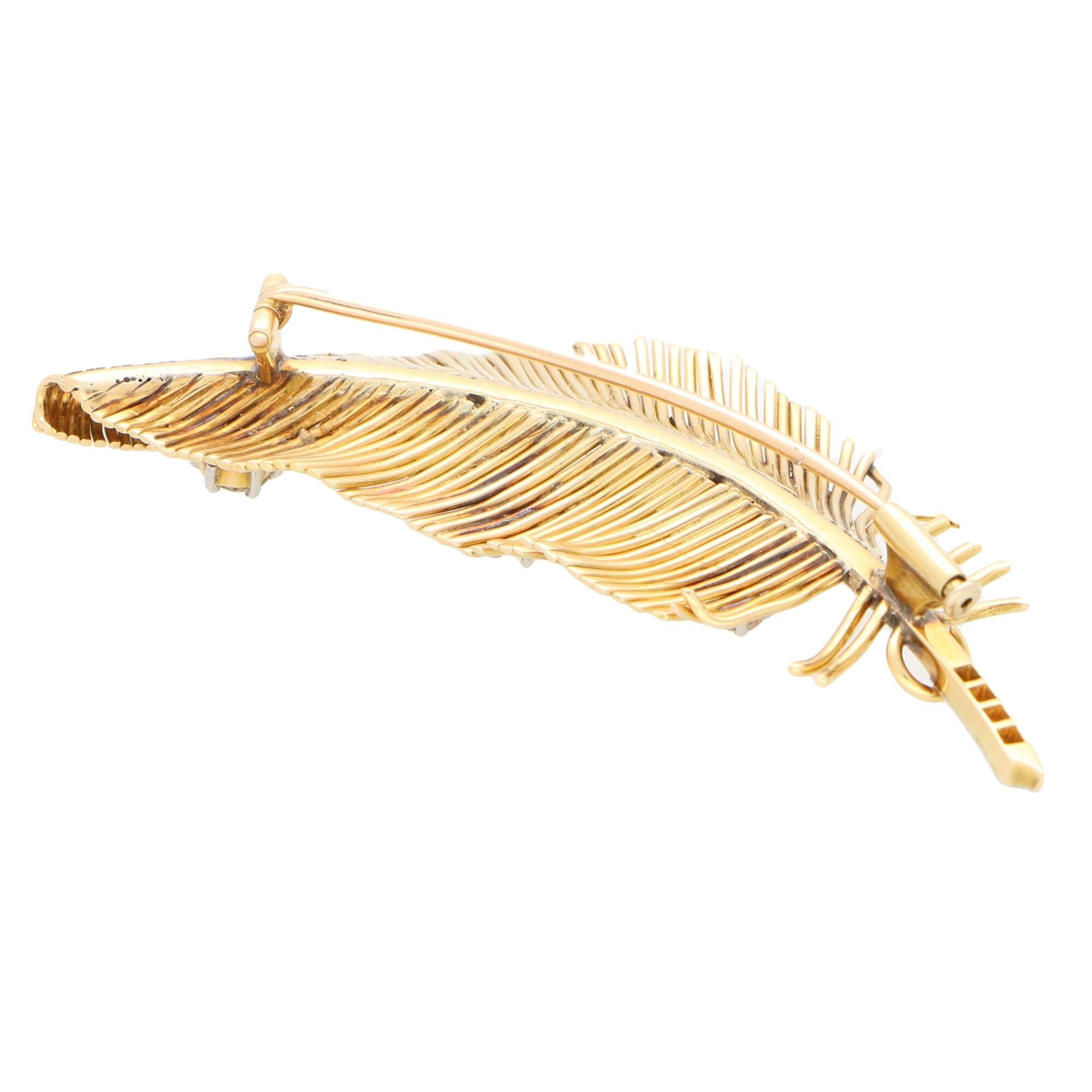Old Mine Cut Vintage Diamond Feather Brooch Set in 18 Karat Yellow Gold