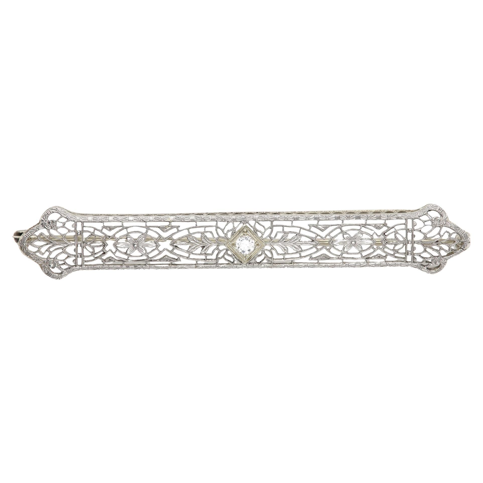 Vintage Diamond Filigree Brooch 14 karat White Gold Brooch Pin circa 1940's