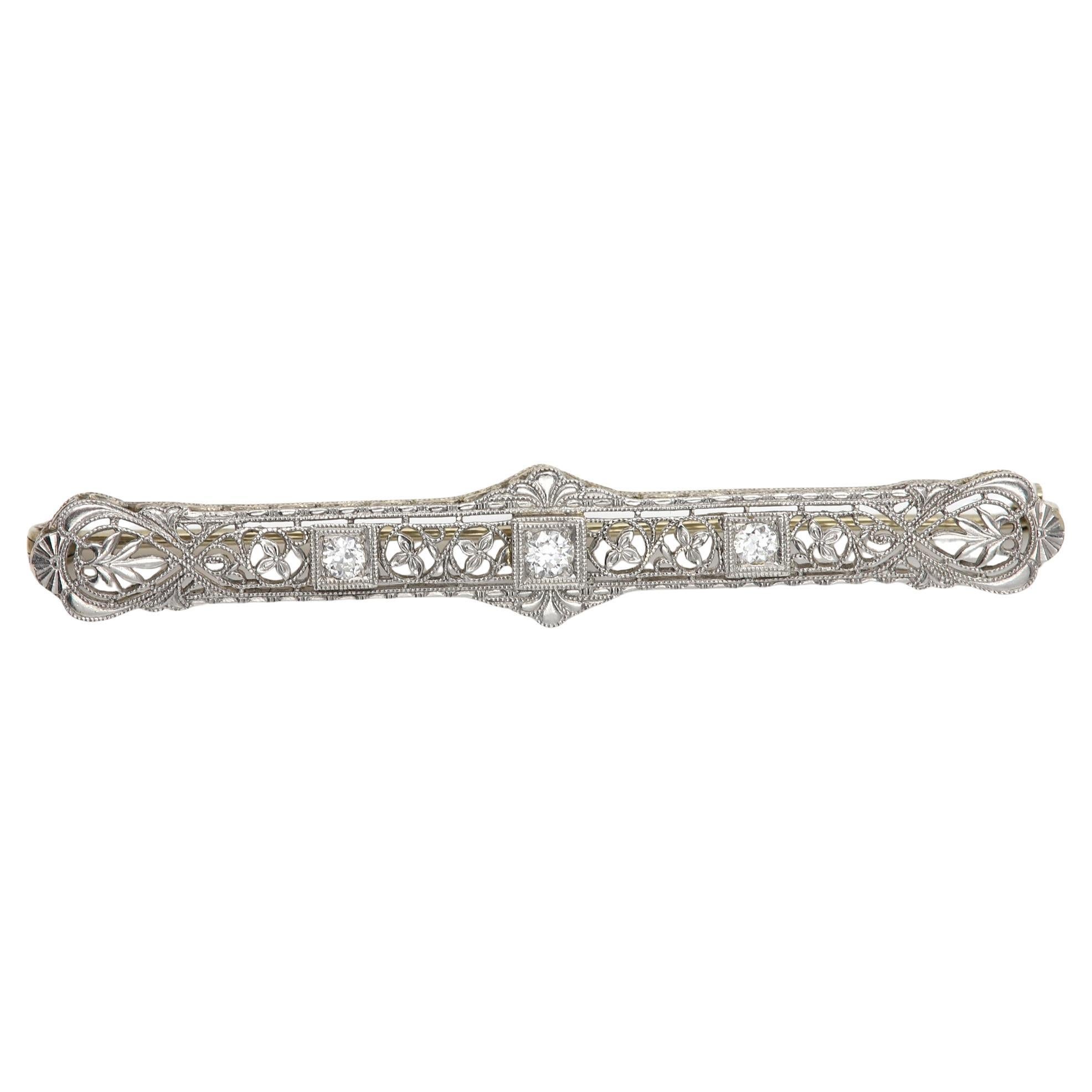 Vintage Diamond Filigree Brooch 14 karat White Gold Brooch Pin circa 1940's
