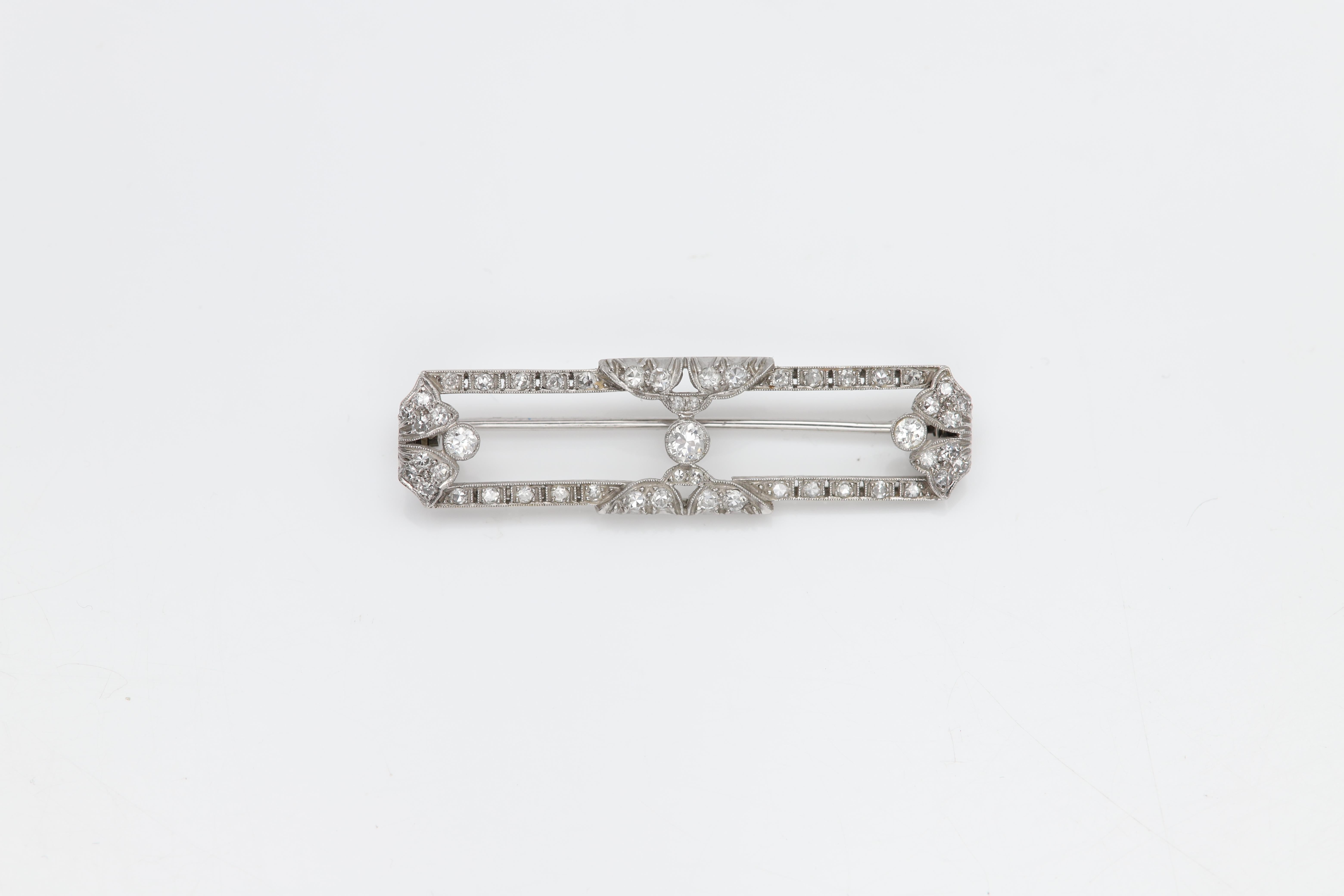 Vintage Brooch pin 
14k Gold with Natural old cut Diamonds approx 1.25 carat H-VS
Circa 1930's pre-owned - very Good condition
White Gold approx 5.50 grams
Length Size 1.75' inch (or 45mm)
Was bought at a Connecticut estate Collection.
Appraisal /