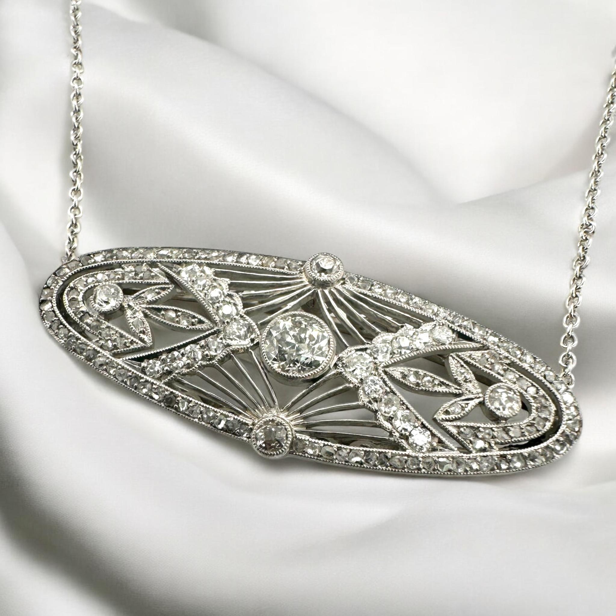 We are loving this unique vintage necklace!!
Converted from a lovely Art Deco Brooch into a piece to wear everyday.

Necklace Details
Material: Platinum Brooch & 14K White Gold Chain
Era: Art Deco 1920 - 1940
Pendant Length: 1 1/2 Inches
Pendant