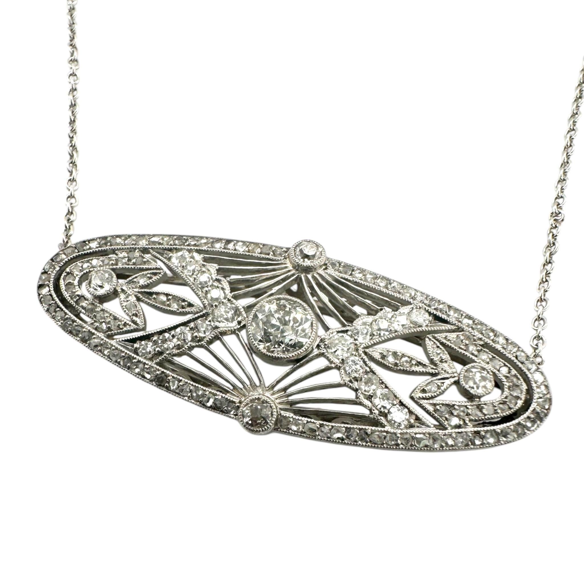 Vintage Diamond Filigree Brooch Conversion Necklace In Excellent Condition In Montgomery, AL