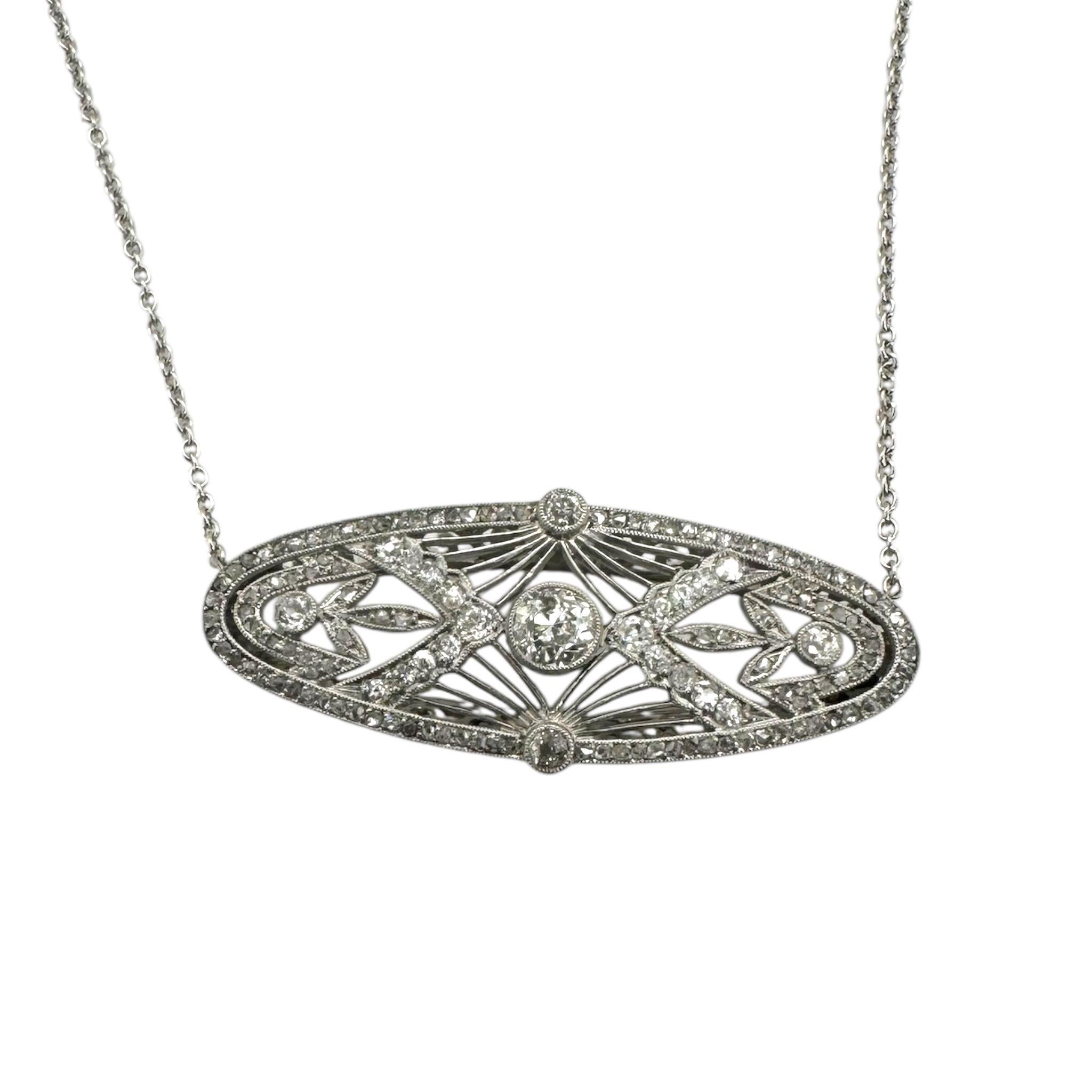 Women's Vintage Diamond Filigree Brooch Conversion Necklace