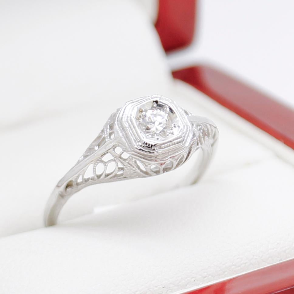 Women's Vintage Diamond Filigree Engagement Ring, White Gold For Sale